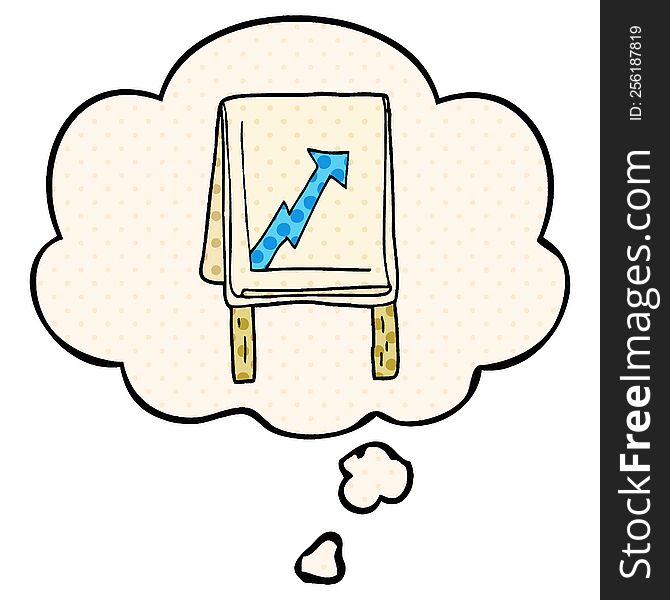 cartoon business chart with arrow and thought bubble in comic book style