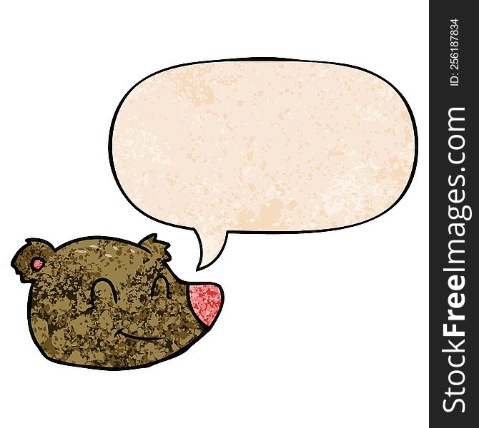 cartoon happy bear face with speech bubble in retro texture style