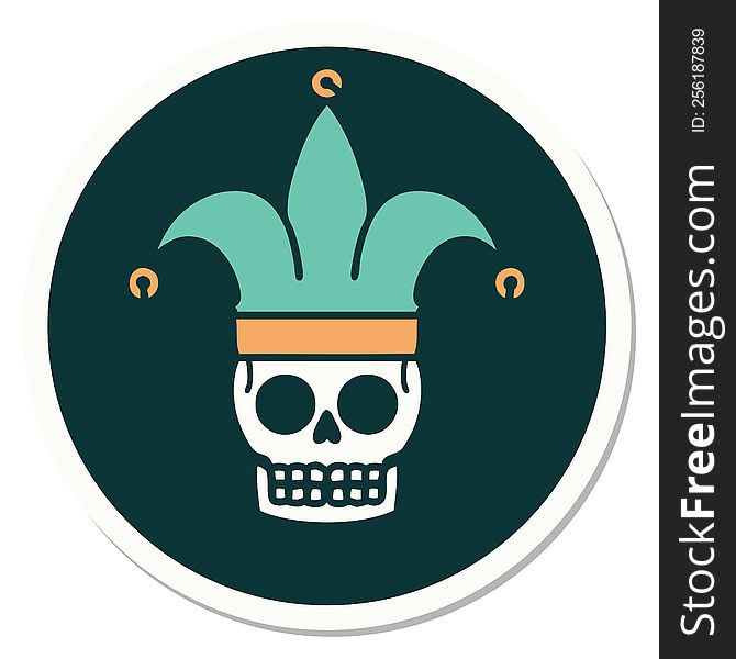 sticker of tattoo in traditional style of a skull jester. sticker of tattoo in traditional style of a skull jester