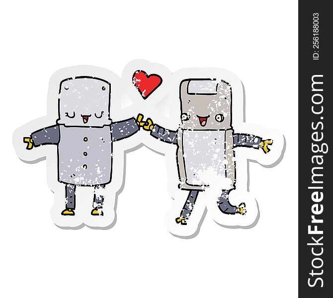 distressed sticker of a cartoon robots in love