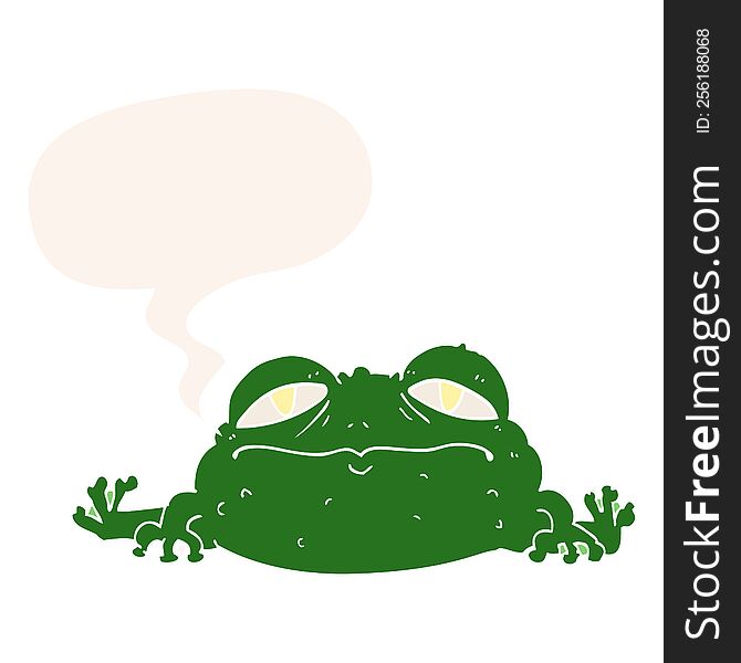 cartoon ugly frog with speech bubble in retro style