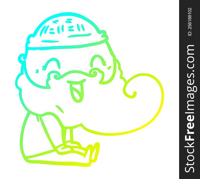 cold gradient line drawing of a happy bearded man sat down laughing