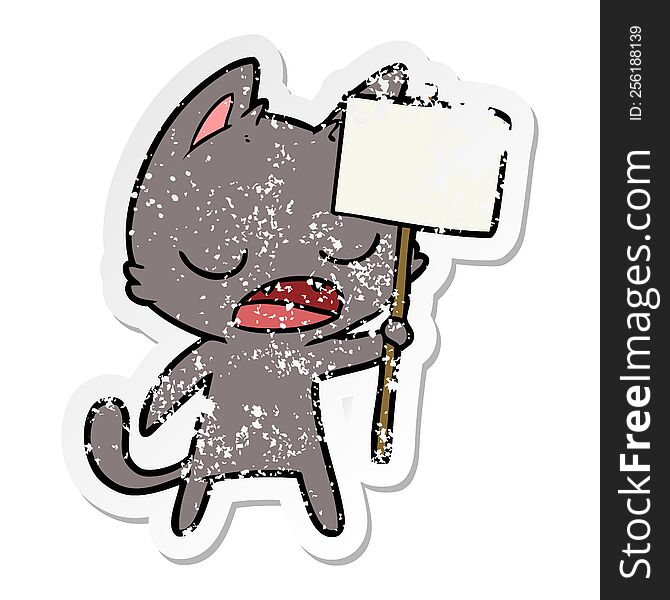 Distressed Sticker Of A Talking Cat Cartoon With Placard