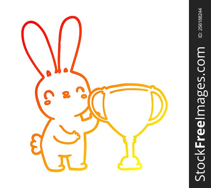 Warm Gradient Line Drawing Cute Cartoon Rabbit With Sports Trophy Cup