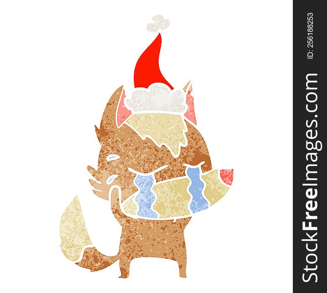 Retro Cartoon Of A Crying Wolf Wearing Santa Hat