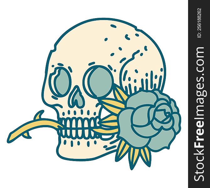 iconic tattoo style image of a skull and rose. iconic tattoo style image of a skull and rose