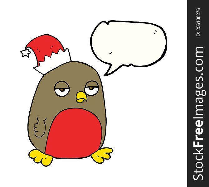 freehand drawn speech bubble cartoon christmas robin wearing christmas hat. freehand drawn speech bubble cartoon christmas robin wearing christmas hat