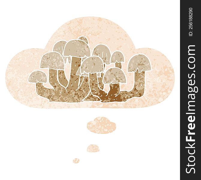cartoon mushroom with thought bubble in grunge distressed retro textured style. cartoon mushroom with thought bubble in grunge distressed retro textured style