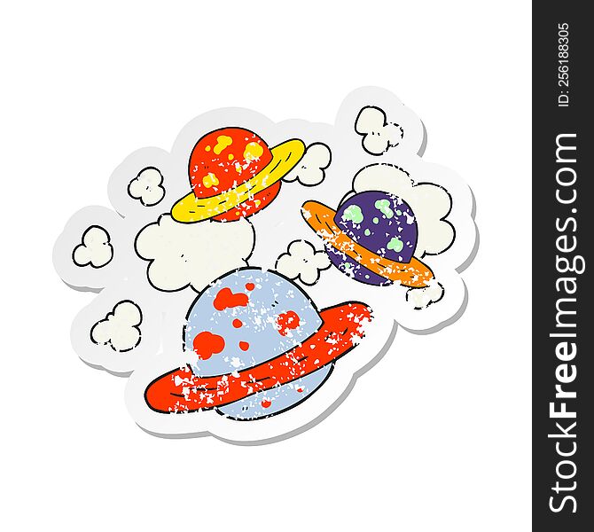 retro distressed sticker of a cartoon planets