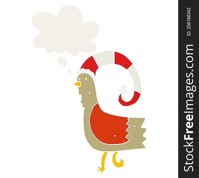 Cartoon Chicken In Funny Christmas Hat And Thought Bubble In Retro Style