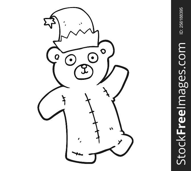 freehand drawn black and white cartoon teddy bear wearing christmas hat