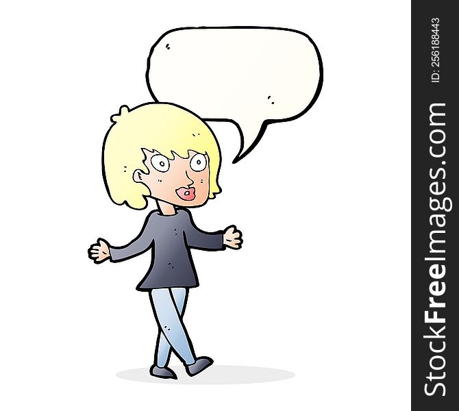cartoon woman with open arms with speech bubble