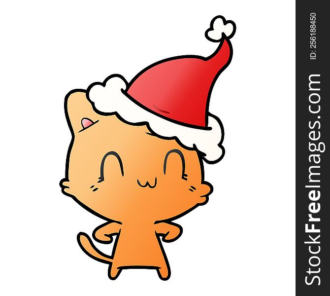 gradient cartoon of a happy cat wearing santa hat