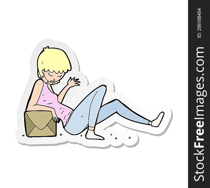 Sticker Of A Cartoon Woman Leaning On Package Box