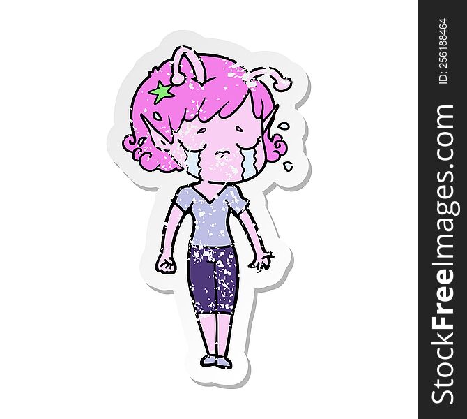 distressed sticker of a cartoon crying alien girl