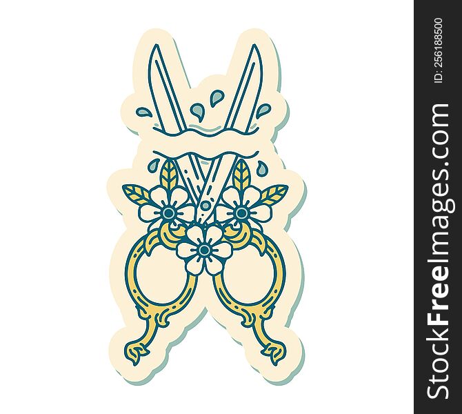 sticker of tattoo in traditional style of barber scissors and flowers. sticker of tattoo in traditional style of barber scissors and flowers