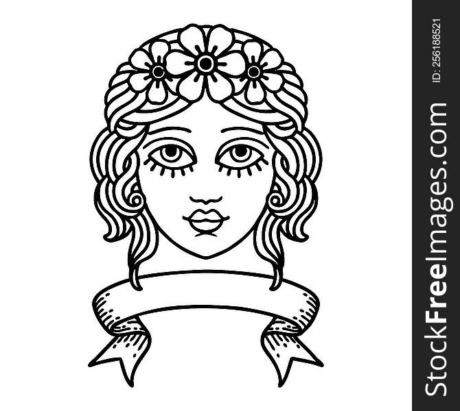 Black Linework Tattoo With Banner Of Female Face With Crown Of Flowers