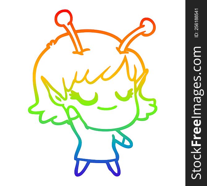 Rainbow Gradient Line Drawing Smiling Alien Girl Cartoon