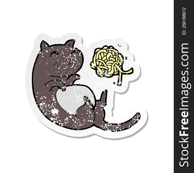 retro distressed sticker of a cartoon cat with ball of yarn