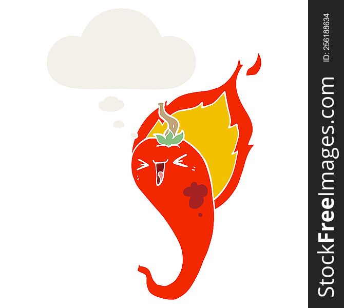 cartoon flaming hot chili pepper with thought bubble in retro style