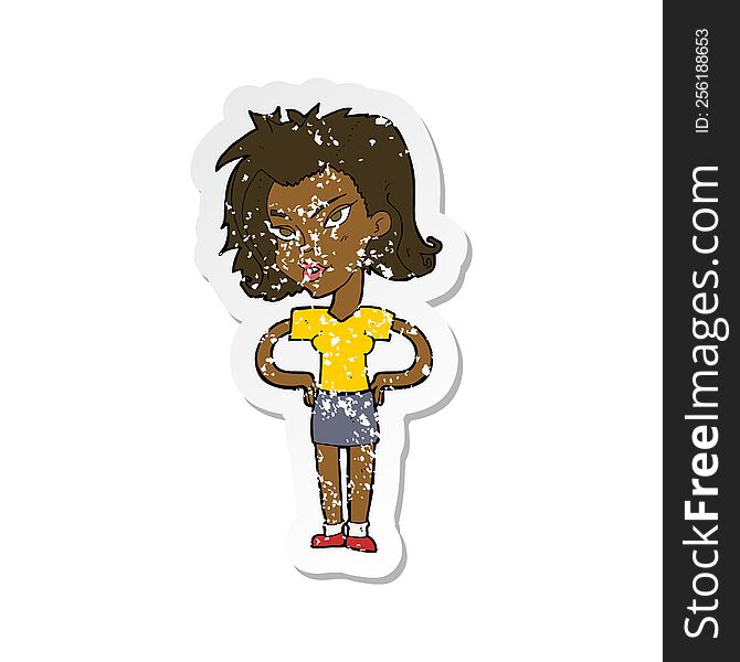 Retro Distressed Sticker Of A Cartoon Woman With Hands On Hips