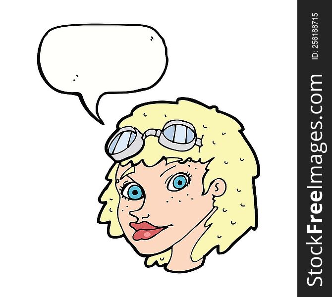 cartoon happy woman wearing aviator goggles with speech bubble