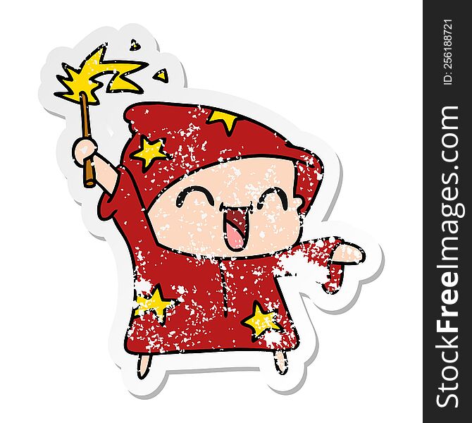 Distressed Sticker Cartoon Of A Happy Little Wizard