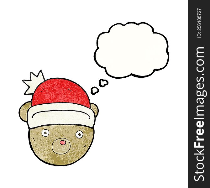 freehand drawn thought bubble textured cartoon teddy bear wearing christmas hat