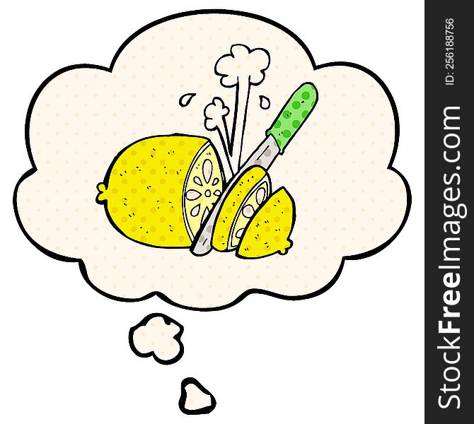 cartoon sliced lemon with thought bubble in comic book style
