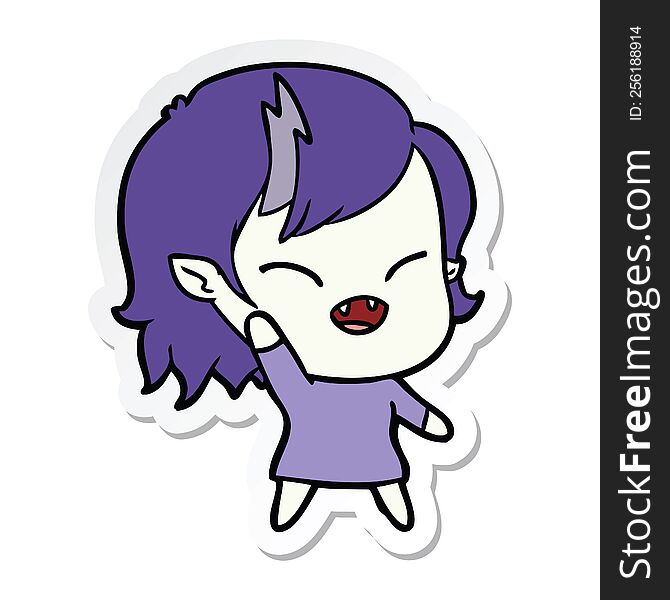 sticker of a cartoon laughing vampire girl waving