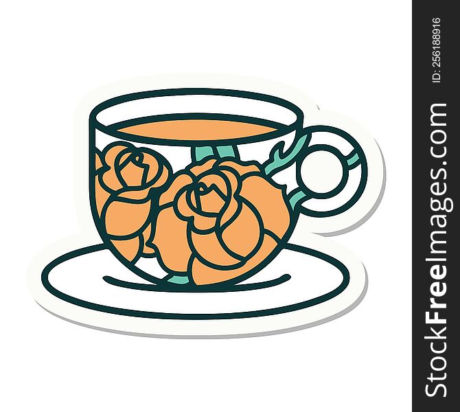 Tattoo Style Sticker Of A Cup And Flowers