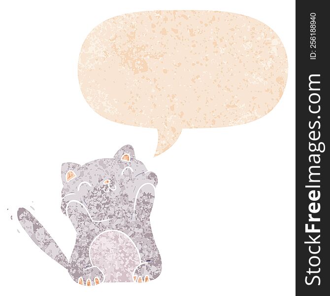 cartoon cat with speech bubble in grunge distressed retro textured style. cartoon cat with speech bubble in grunge distressed retro textured style