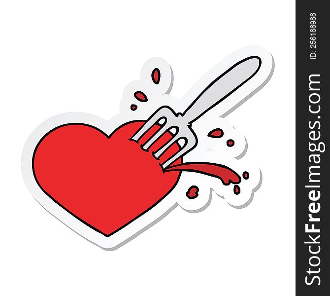 Sticker Of A Cartoon Love Heart Stuck With Fork