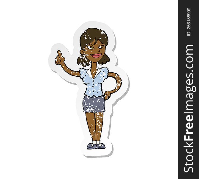 retro distressed sticker of a cartoon woman with great idea