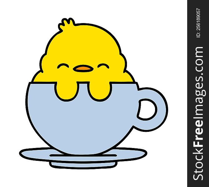 cartoon of a cute baby bird sitting in a tea cup. cartoon of a cute baby bird sitting in a tea cup