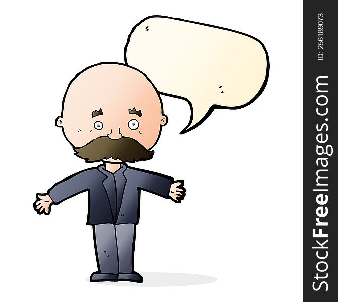 Cartoon Bald Man With Open Arms With Speech Bubble