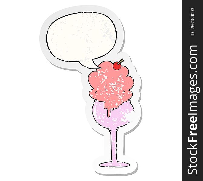Cartoon Ice Cream Desert And Speech Bubble Distressed Sticker