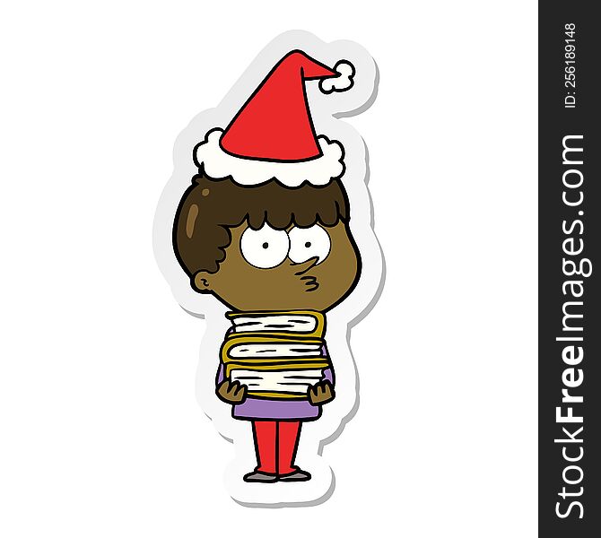 hand drawn sticker cartoon of a curious boy with lots of books wearing santa hat