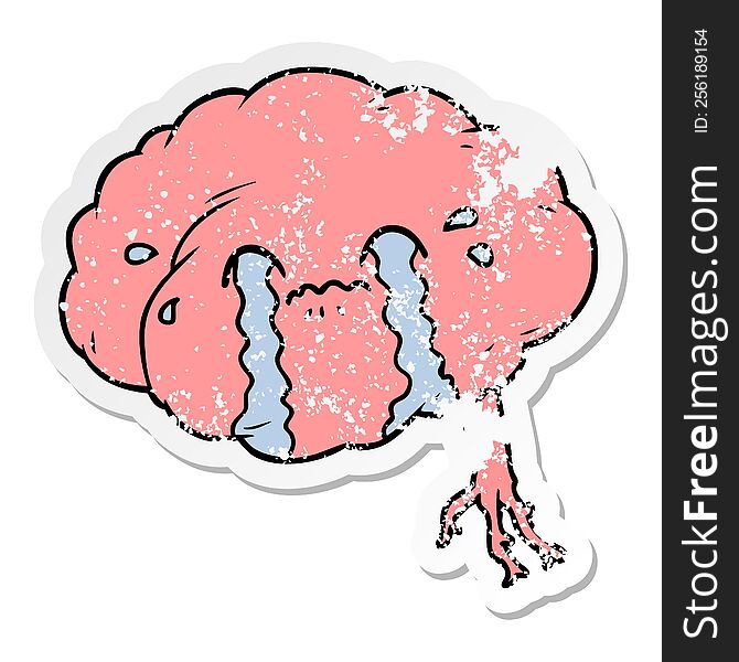 distressed sticker of a cartoon brain with headache