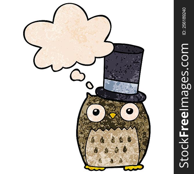 Cartoon Owl Wearing Top Hat And Thought Bubble In Grunge Texture Pattern Style
