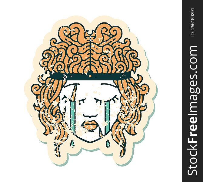grunge sticker of a crying human barbarian. grunge sticker of a crying human barbarian