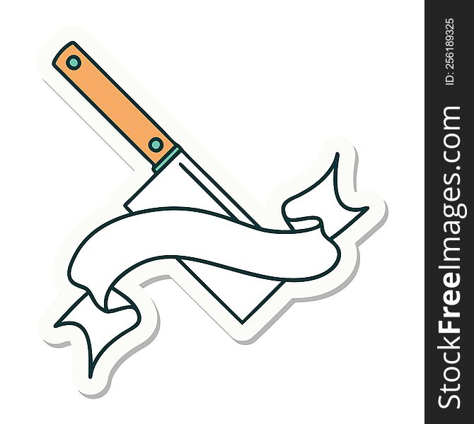tattoo style sticker with banner of a meat cleaver