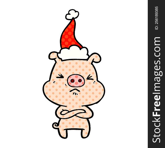 hand drawn comic book style illustration of a angry pig wearing santa hat