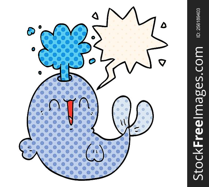 cartoon whale spouting water with speech bubble in comic book style