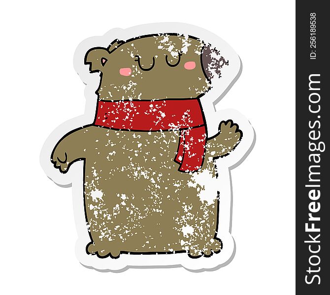 distressed sticker of a cartoon bear with scarf