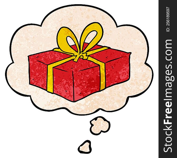 cartoon wrapped gift with thought bubble in grunge texture style. cartoon wrapped gift with thought bubble in grunge texture style