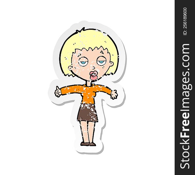 retro distressed sticker of a cartoon bored woman