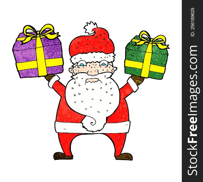 cartoon angry santa bearing gifts. cartoon angry santa bearing gifts