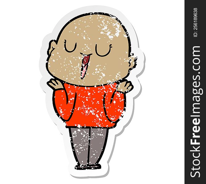 Distressed Sticker Of A Happy Cartoon Bald Man Shrugging Shoulders