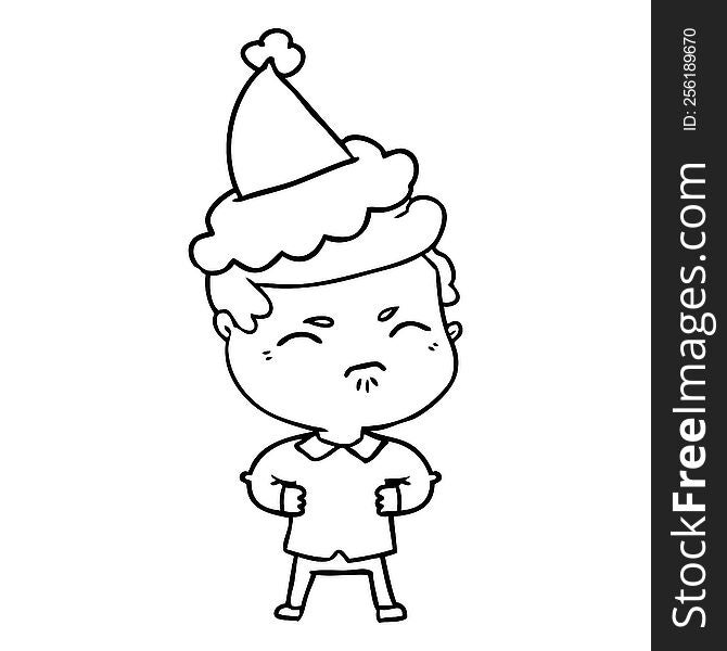 hand drawn line drawing of a annoyed man wearing santa hat